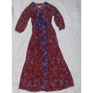 Japna Women's Dress XS Long Sleeve Blue Red Boho-Chic Maxi Paisley Romantic Twee